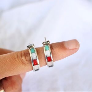 Vintage Zuni Silver Multi Stone Inlay Hoops